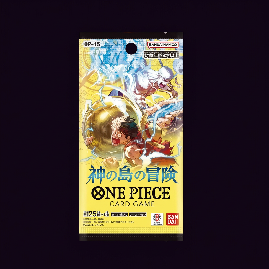 Japanese One Piece OP-15 booster pack on a dark background