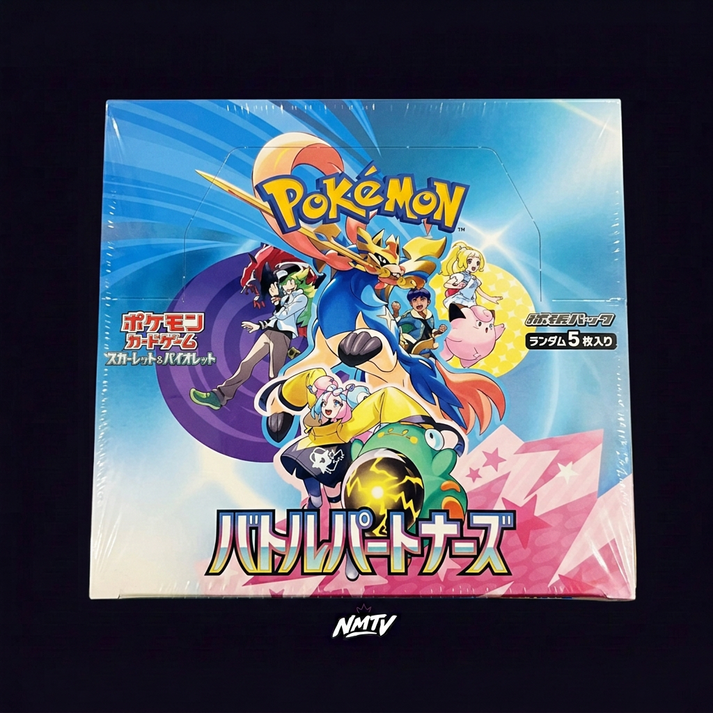 Pokemon Battle Partners Booster Box on dark purple NMTV background