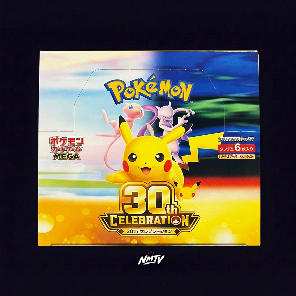 Pokemon 30th Celebration booster box on dark purple NMTV background