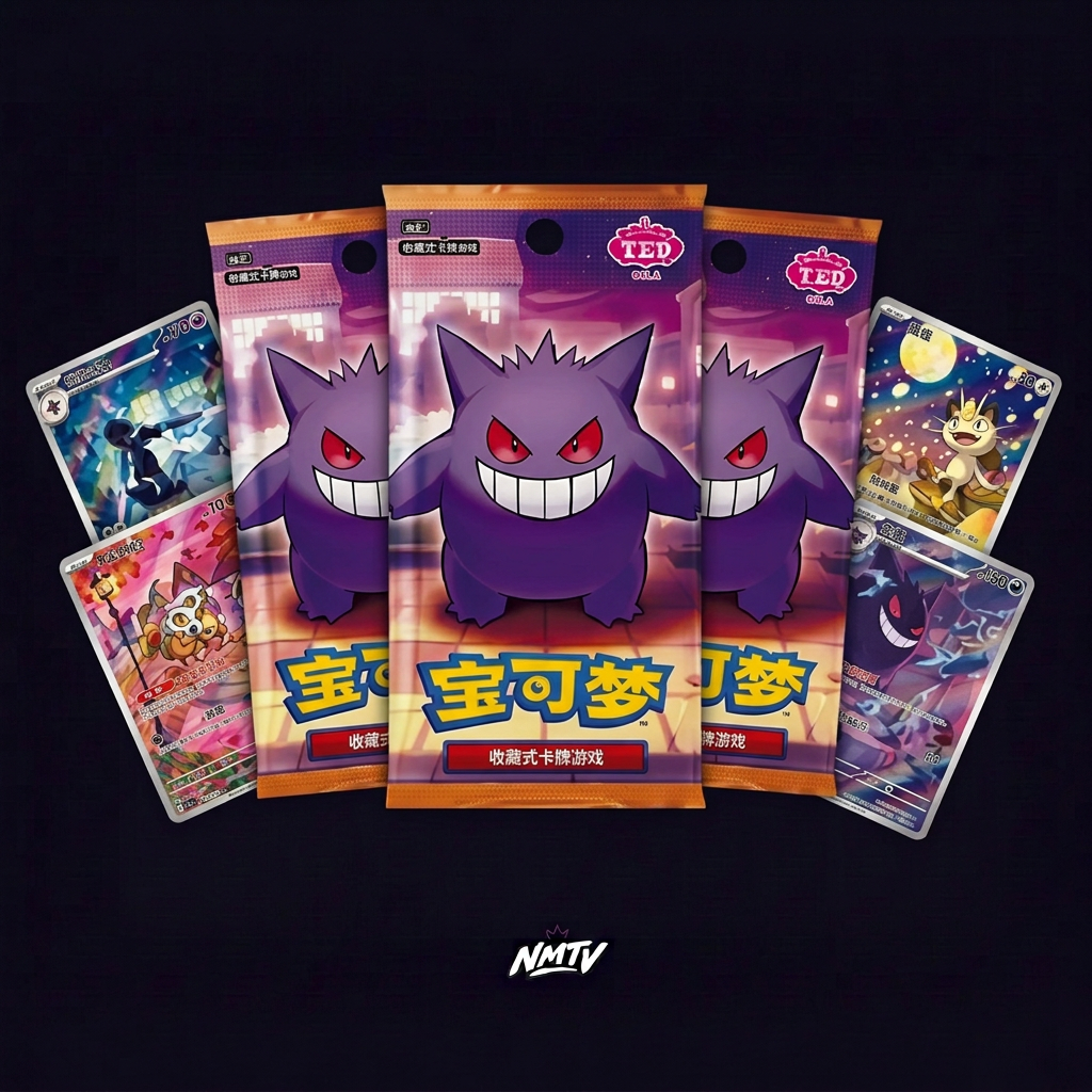 Gem Pack Volume 3 purple Gengar packaging and cards on dark purple NMTV background