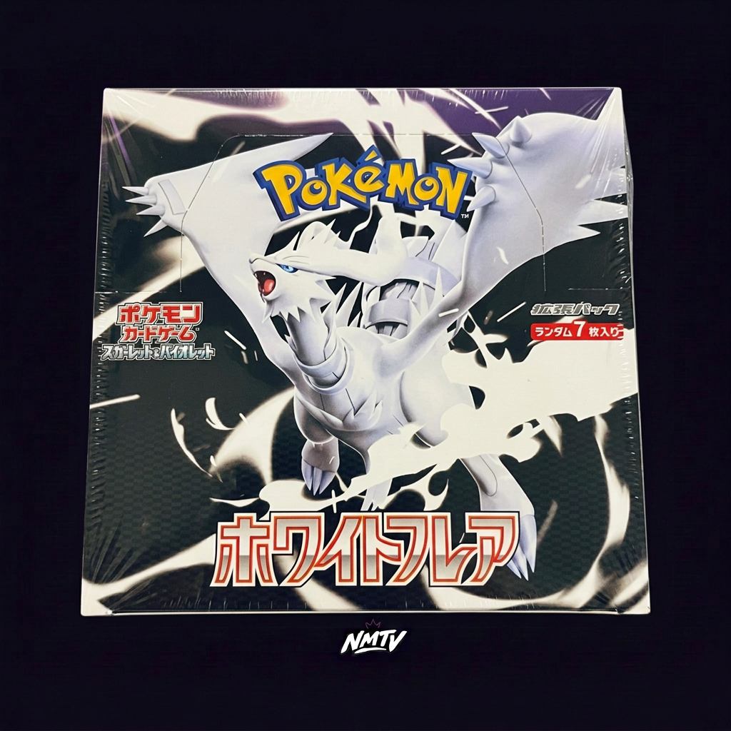 Pokemon White Flare Booster Box on the dark purple NMTV background