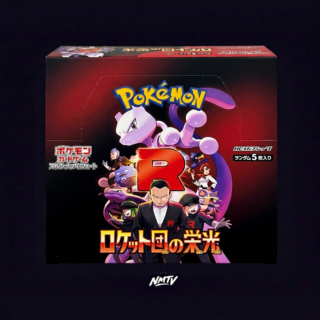 Pokemon Glory of Team Rocket Booster Box on the dark purple NMTV background