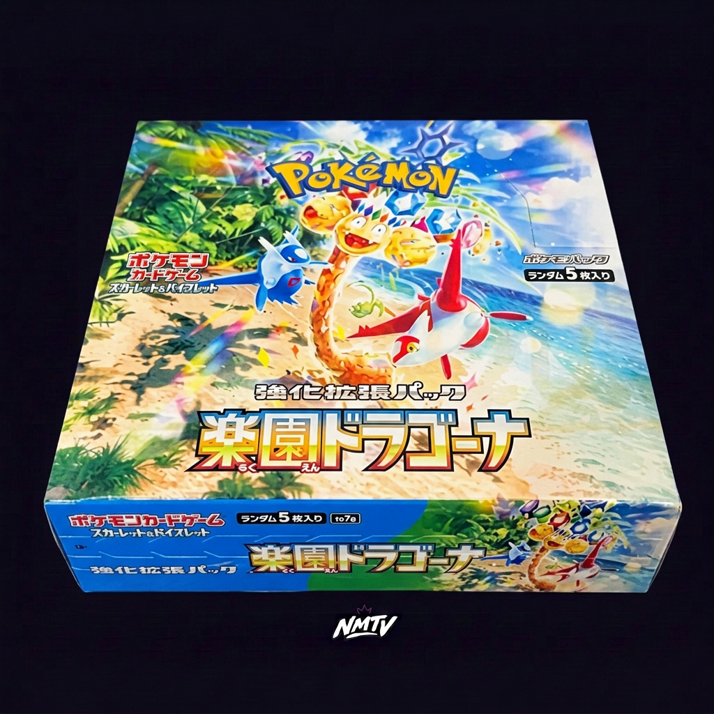 Pokemon Paradise Dragona Booster Box on dark purple NMTV background