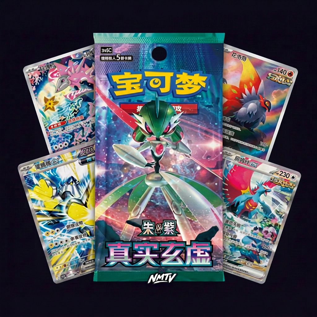 True Mystic booster package and four cards on dark purple NMTV background