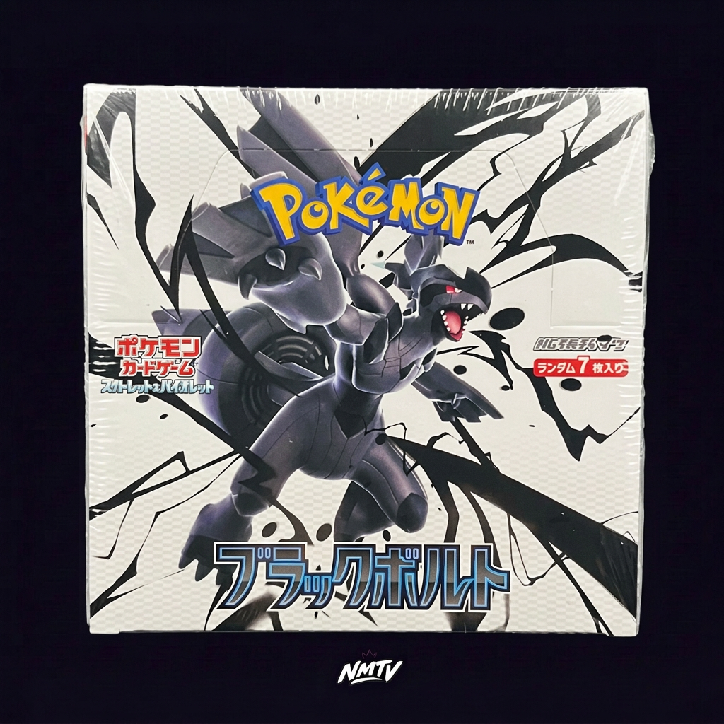 Pokemon Black Bolt Booster Box on the dark purple NMTV background