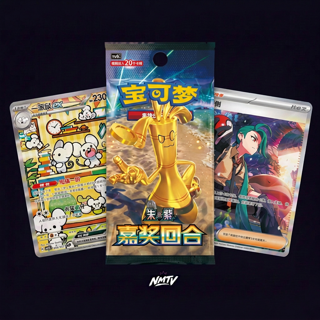 Reward Round Jumbo 20 Card booster package and cards on dark purple NMTV background