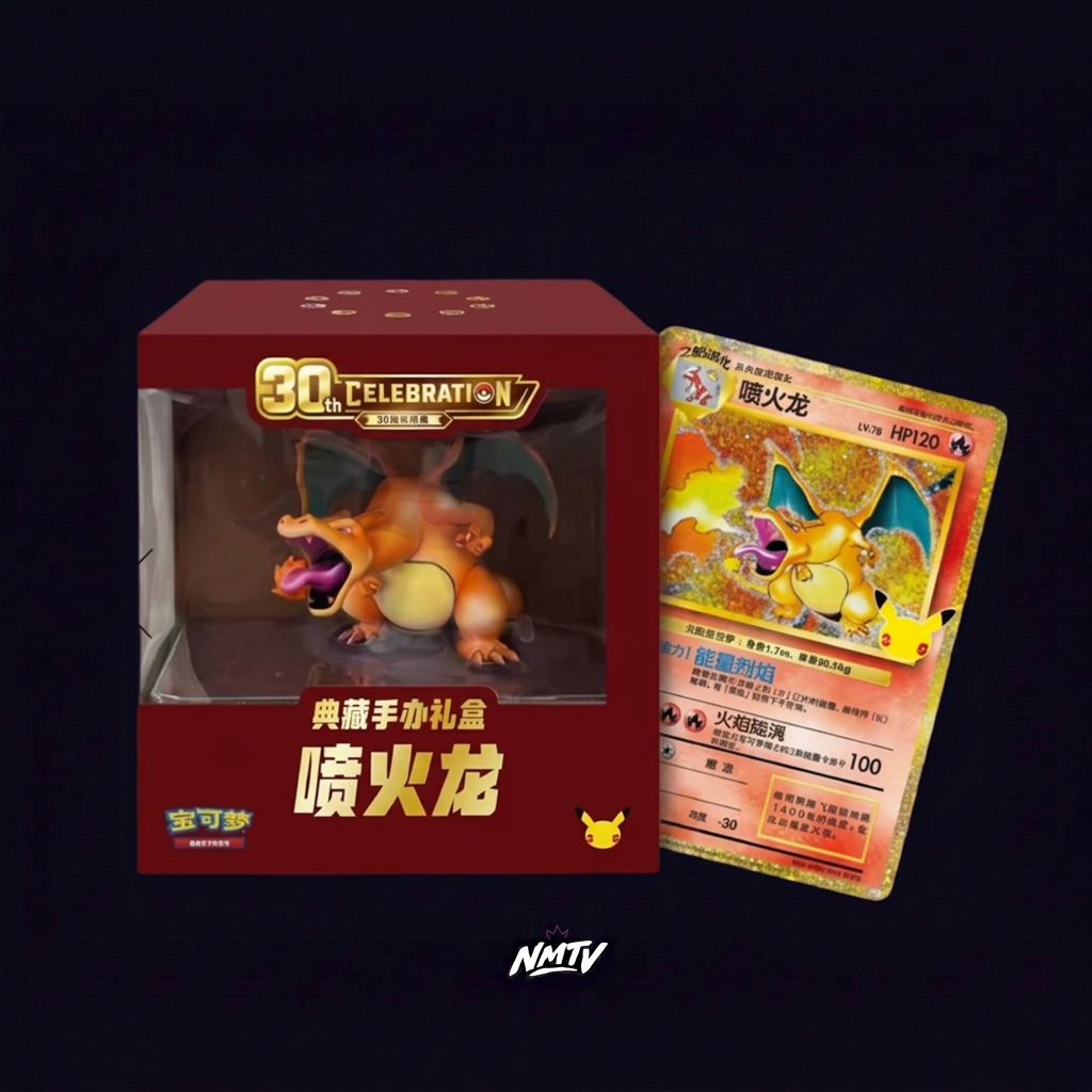 Charizard Gift Box 30th Anniversary and Charizard card on dark purple NMTV background