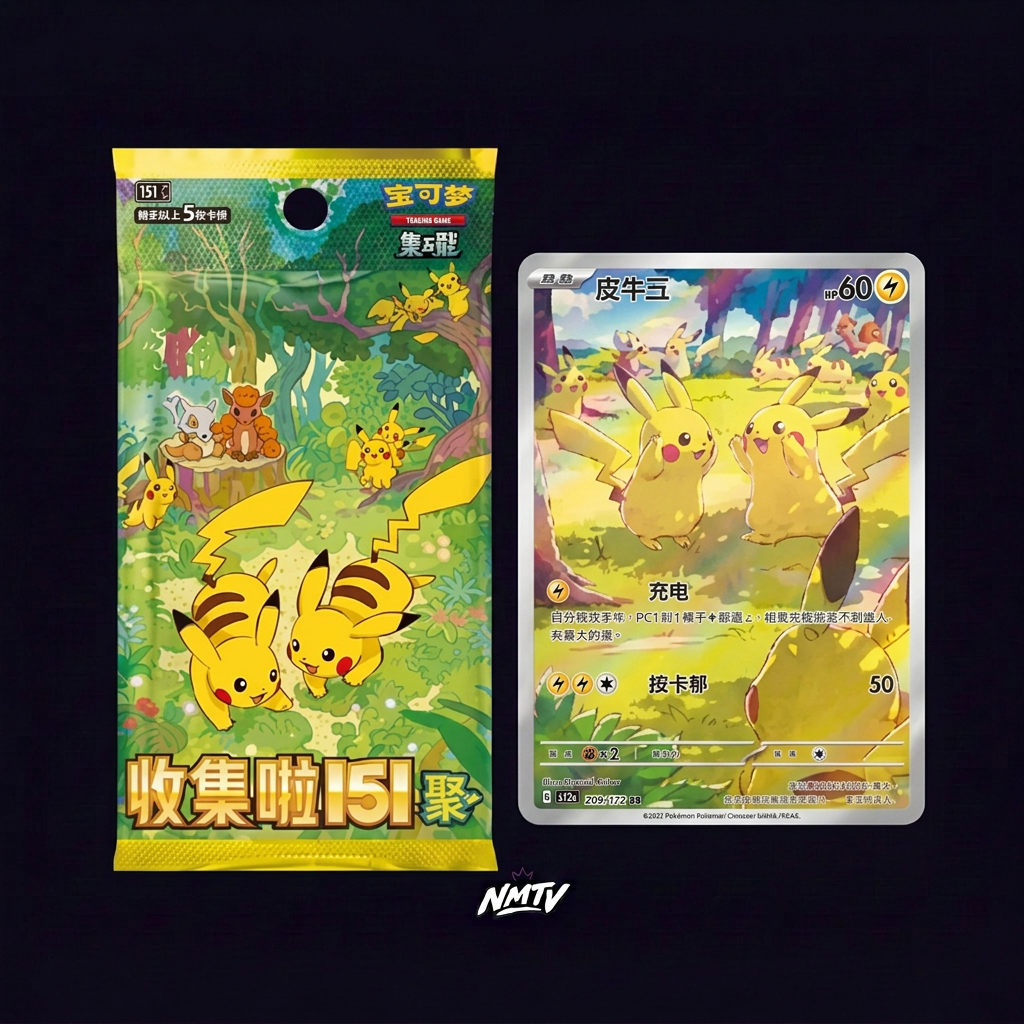 Collect 151 Gathering Slim 5 Card booster package and Pikachu card on dark purple NMTV background