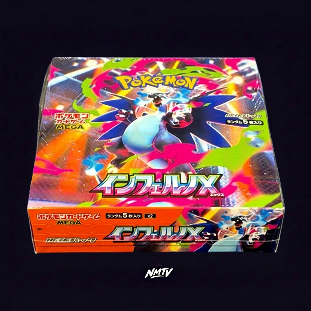 Pokemon Inferno X Booster Box on the dark purple NMTV background